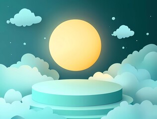 Poster - Vector illustration of a podium background with paper-cut clouds and a moon for product presentation, in a turquoise color. Vector Illustration with light effects.