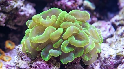 Poster - A close-up view of a vibrant green coral in a well-lit aquarium