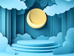 Poster - Vector illustration of a podium background with paper-cut clouds and a moon for product presentation, in a turquoise color. Vector Illustration with light effects.