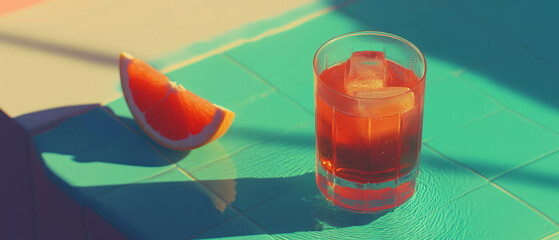 Poster - Refreshing grapefruit juice with ice served on a colorful table