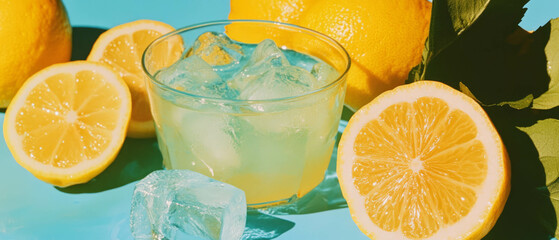 Poster - Refreshing freshly squeezed lemonade with ice cubes and vibrant lemons