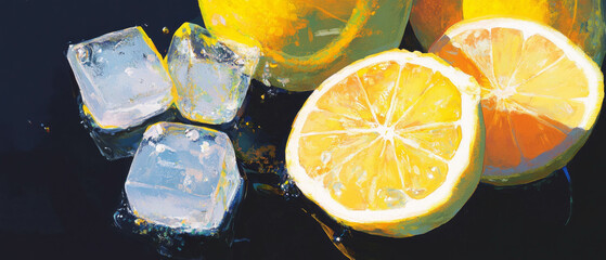 Poster - Refreshing lemonade with ice cubes and fresh lemons for a summer drink
