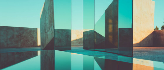 Poster - Geometric reflections in modern architecture showcasing sharp angles and mirrors