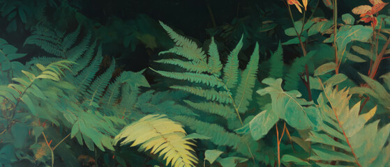 Poster - Lush green ferns and delicate fronds creating a serene forest undergrowth atmosphere