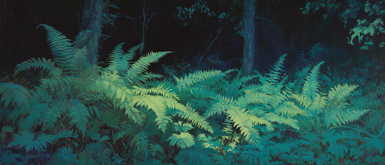 Poster - Lush green ferns fill a tranquil forest undergrowth landscape at dusk