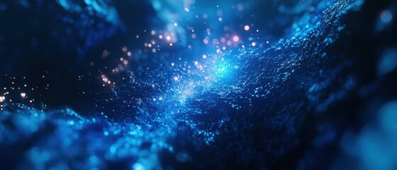 Poster - Deep Blue Abstract Digital Particle Landscape with Glowing Lights and Bokeh.