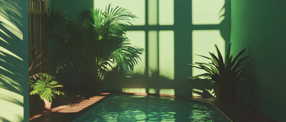 Aufkleber - Green light casts calming shadows in a serene indoor space with plants and water