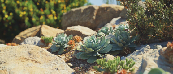 Aufkleber - Vibrant green succulents thrive in rocky desert landscape under bright sunlight