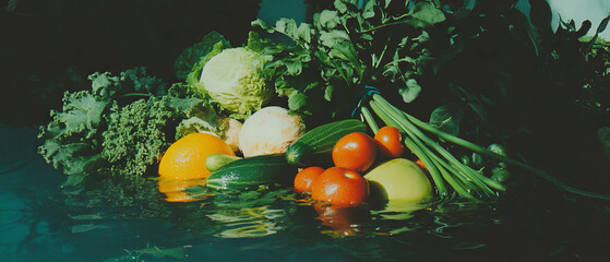 Poster - Fresh green vegetables and vibrant produce in a serene setting with water reflections