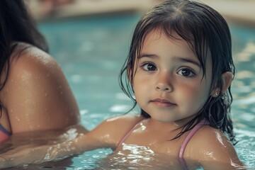Poster - A young girl relaxes in a pink bikini by the side of a swimming pool