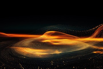 Poster - golden particle wave abstract on dark background, digital rendering.