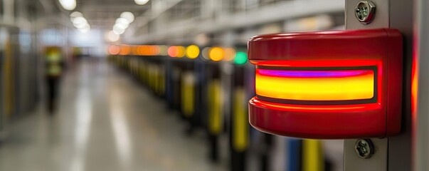 Aufkleber - Fire alarm idea. A close-up of an industrial signal light amidst blurred machinery.