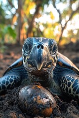 Poster - A close-up shot of a turtle resting in the dirt, great for nature and wildlife-themed projects