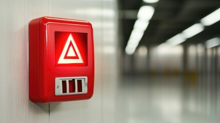 Poster - Fire alarm idea. A close-up shot of a red emergency alarm button in a modern building corridor.