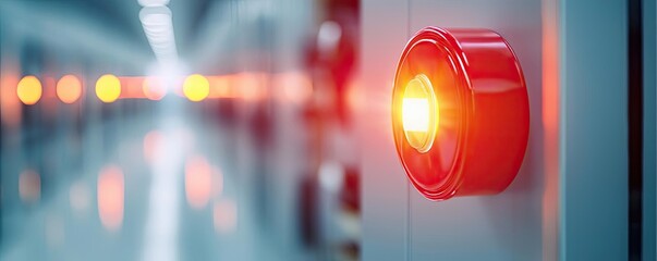 Poster - Fire alarm idea. Close-up of a red alert button in a high-tech server room for safety monitoring.