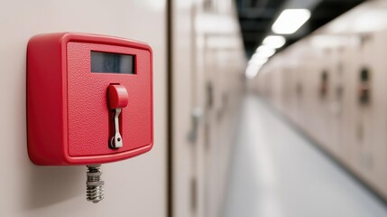 Poster - Fire alarm idea. Close-up of a red locking mechanism in a modern storage facility hallway.