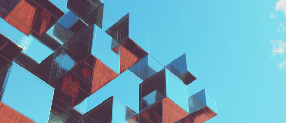 Poster - Dynamic interplay of interlocking cubes showcases modern architectural form against a clear sky