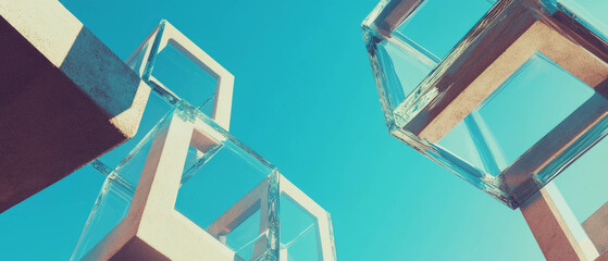 Poster - Interlocking cubes create a dynamic architectural form against a clear sky