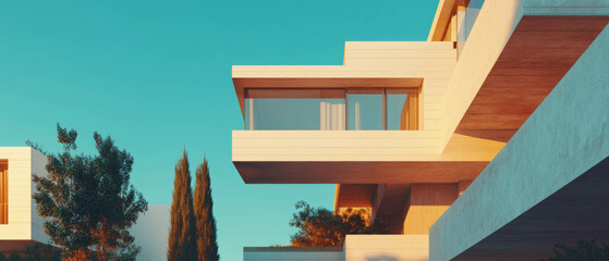 Poster - Interlocking cubes create dynamic volumes in modern architectural design during sunset