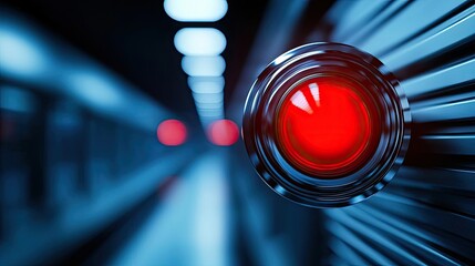 Aufkleber - Fire alarm idea. Close-up of a red light on a futuristic subway train in a modern urban setting.