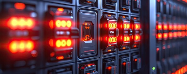Aufkleber - Fire alarm idea. Close-up view of a data center server with vibrant red lights indicating power.