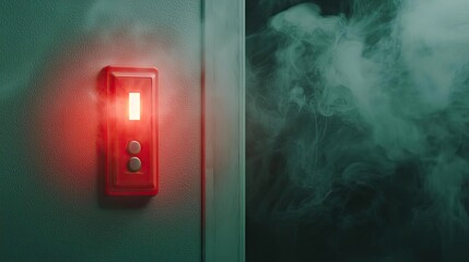 Poster - Fire alarm idea. A glowing red button on a control panel with smoke in the background, creating suspense.