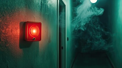Poster - Fire alarm idea. A red alarm light in a dimly lit hallway with smoke, evoking a sense of urgency.