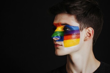 Poster - A person with a colorful rainbow painted on their face, suitable for use in illustrations or graphics