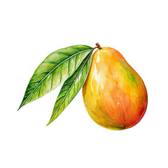 Wall Mural - Watercolor Mango with Leaves: A vibrant watercolor illustration of a ripe mango with two lush green leaves, showcasing the fruit's juicy texture and freshness.