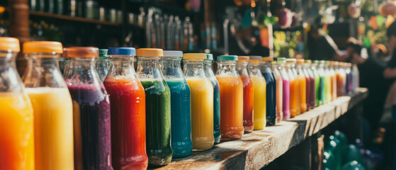 Poster - Freshly Squeezed Juice Displayed in Vibrant Bottles at a Market