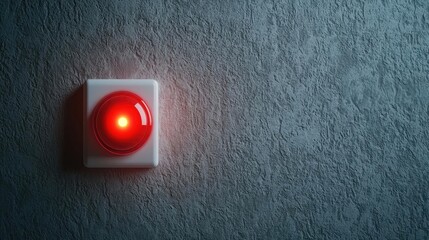 Poster - Fire alarm idea. A glowing red button on a textured wall, symbolizing alertness and urgency.