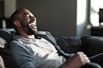 Poster - A person enjoying a moment of laughter while seated on a sofa, perfect for use in social media posts or advertising campaigns