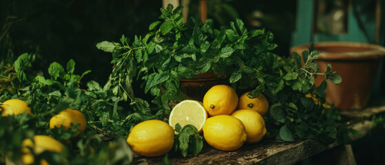 Poster - Fresh lemons and vibrant herbs create a flavorful culinary landscape in the kitchen garden