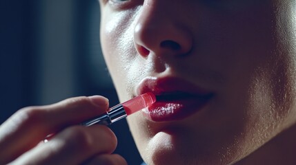 Poster - Close-up shot of a woman wearing bright red lipstick, focusing on her lips and facial features