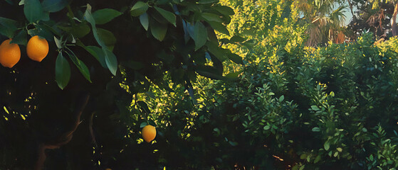 Poster - Sunshine filters through lemon trees in a vibrant citrus grove filled with lush green leaves