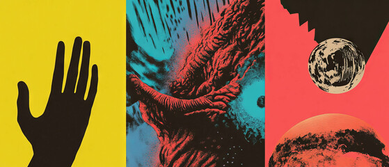 Aufkleber - Exploring bold linoleum prints with graphic shapes and vibrant colors in modern art