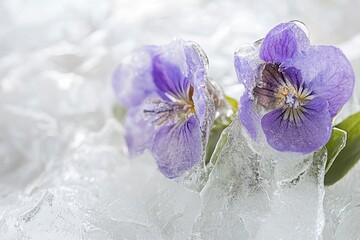 Wall Mural - A bouquet of purple flowers sits atop a block of ice, adding a touch of elegance to the winter scene