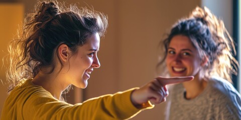 Poster - A woman gestures towards someone or something, with the other woman looking in that direction