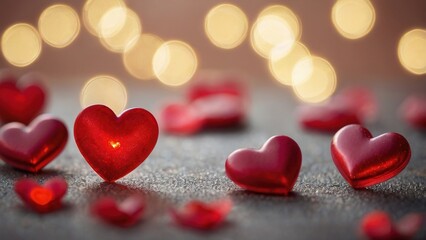 Valentines day card. Red heart-shaped candies on a textured surface with blurred lights in the background. Love and celebration concept