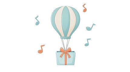 Wall Mural - A whimsical illustration of a pastel-colored hot air balloon carrying a gift box, surrounded by musical notes.