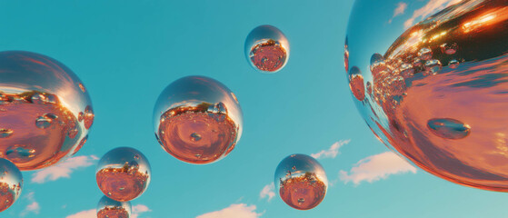 Aufkleber - Mirrored spheres create a surreal world through distorted reflections in bright skies