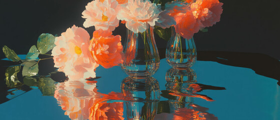 Poster - Elegant mirrored vases with vibrant flowers creating stunning reflections in arrangement
