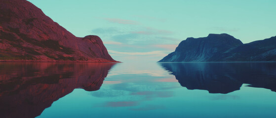 Poster - Serene landscape reflecting vibrant colors on calm mirrored water at dusk