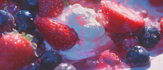 Aufkleber - Mixed berries topped with whipped cream create a refreshing summer dessert delight