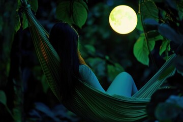 Poster - A person lounging in a hammock under the light of a full moon