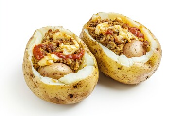 Poster - Two cooked potatoes with filling, placed on a white background