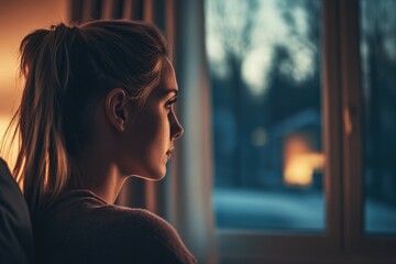 Aufkleber - A woman sits on a couch gazing out the window, lost in thought