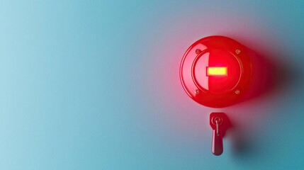 Poster - Fire alarm idea. Close-up of a red alarm bell on a blue wall, symbolizing warning and alert systems.