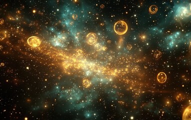 Poster - Ethereal Golden Cosmic Bubbles and Starfield, Abstract Universe Background.