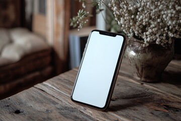 Poster - A cell phone sits alone on top of a wooden table, waiting for use